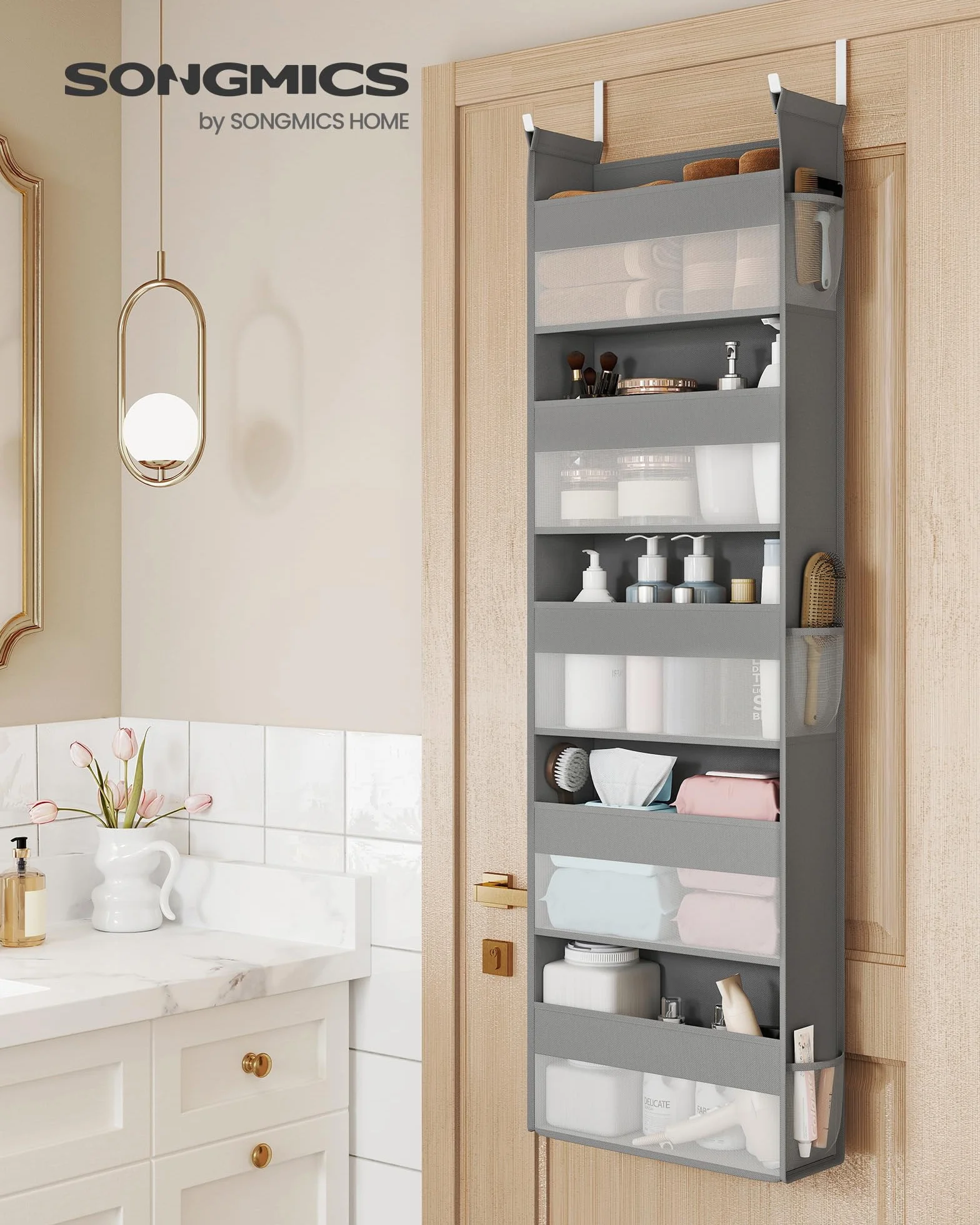 SONGMICS Portaoggetti da Appendere, Organizer da Porta in Tessuto, Rete in Nylon Trasparente, Pieghevole, Ganci in Metallo, Tasche Laterali, Grigio Tortora RDH007G01