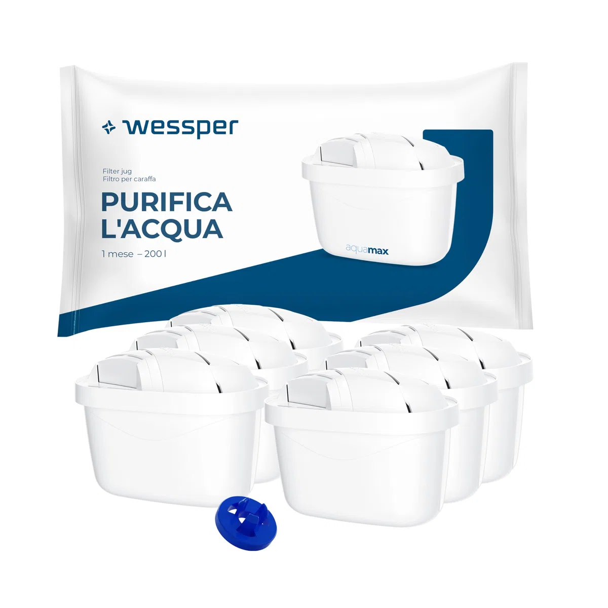 Wessper Cartucce filtranti per brocca, ricambio per cartucce filtranti Brita Maxtra +, filtro a carboni attivi, filtro acqua Brita compatibile per brocca, Dafi e Aquaphor - 6 pezzi