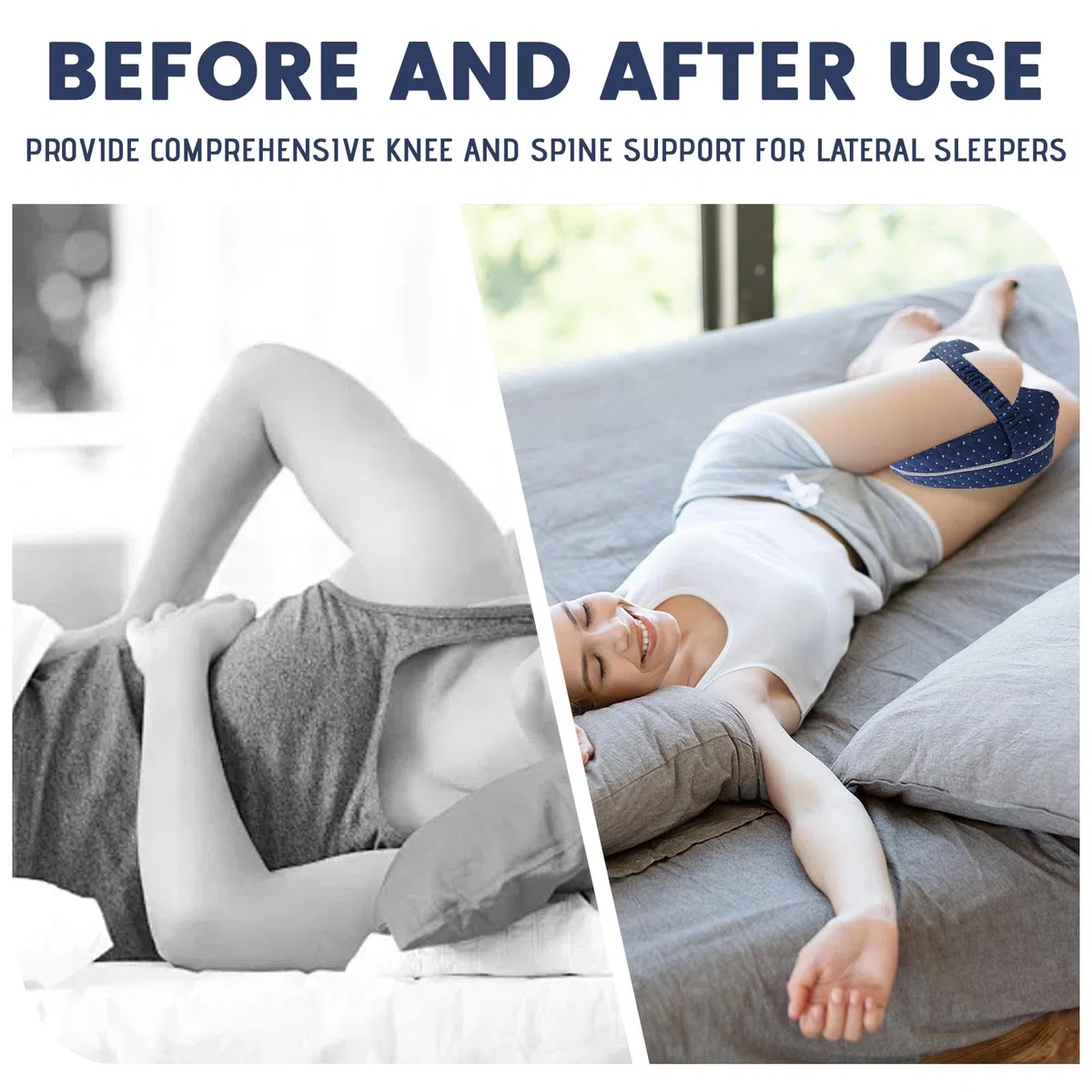Cuscino per ginocchia per chi dorme sul fianco, ergonomico in memory foam, con cintura e rivestimento rimovibile e lavabile, supporto per ginocchia, gambe e schiena (blu)