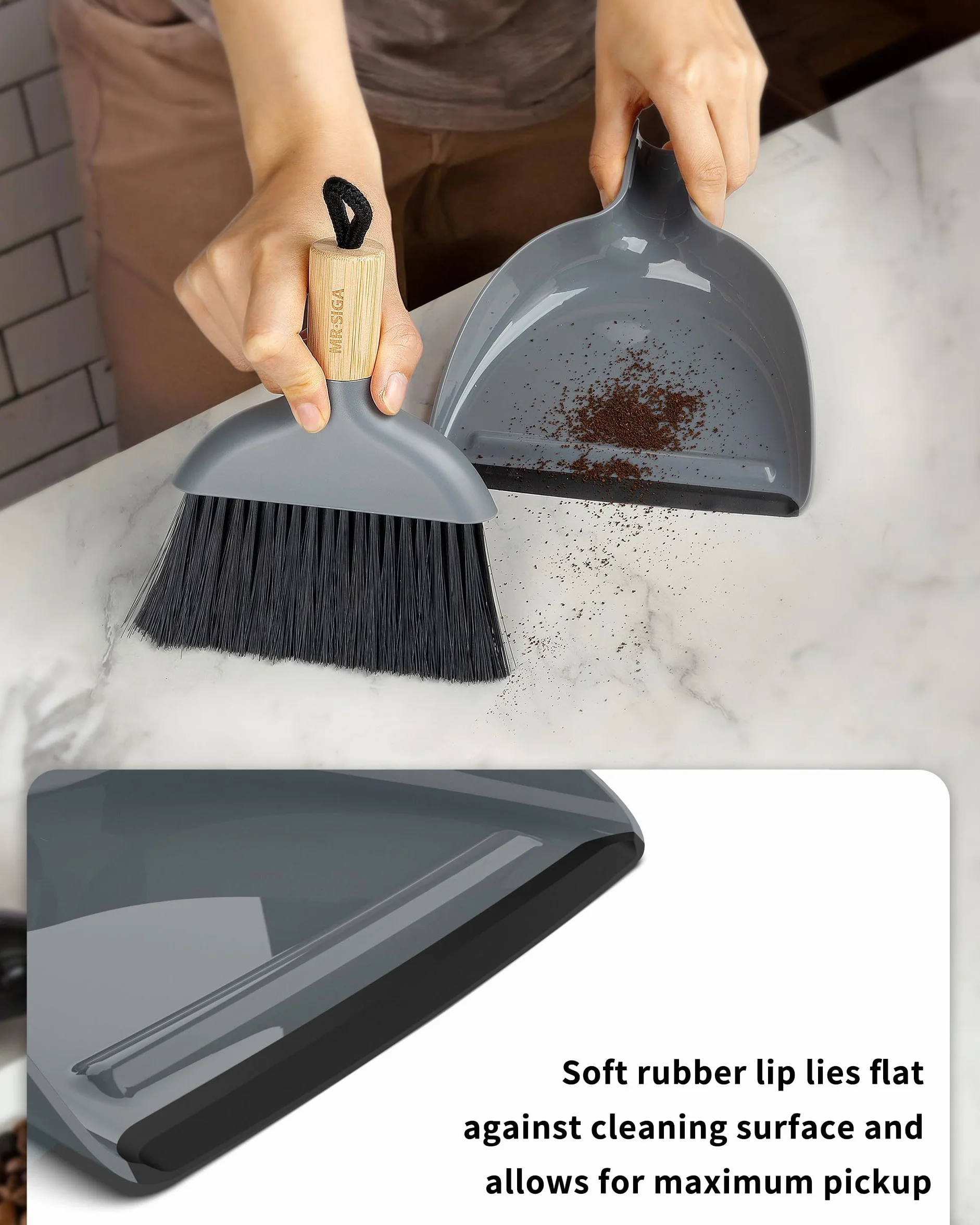 MR.SIGA Mini set paletta e spazzola, spazzola e paletta portatile per la pulizia con manico in bambù, grigio, 1 set