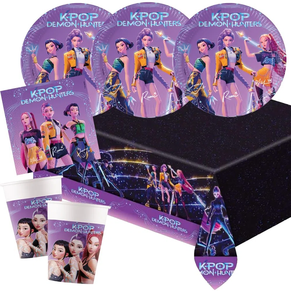 Procos Kpop Demon Hunters - Set per feste, 37 pezzi, piatti di carta, bicchieri di carta, tovaglioli, tovaglia per compleanno dei bambini
