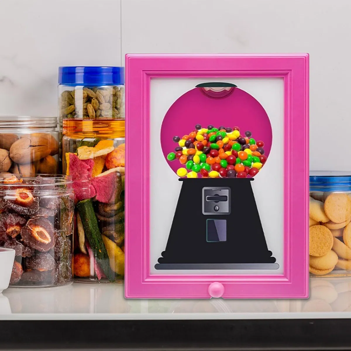 Distributore di cornici per foto di caramelle, dispenser di dolci con cornice per foto, macchina per immagini di Gumball, dispenser per caramelle da parete, per piano di lavoro della scrivania o