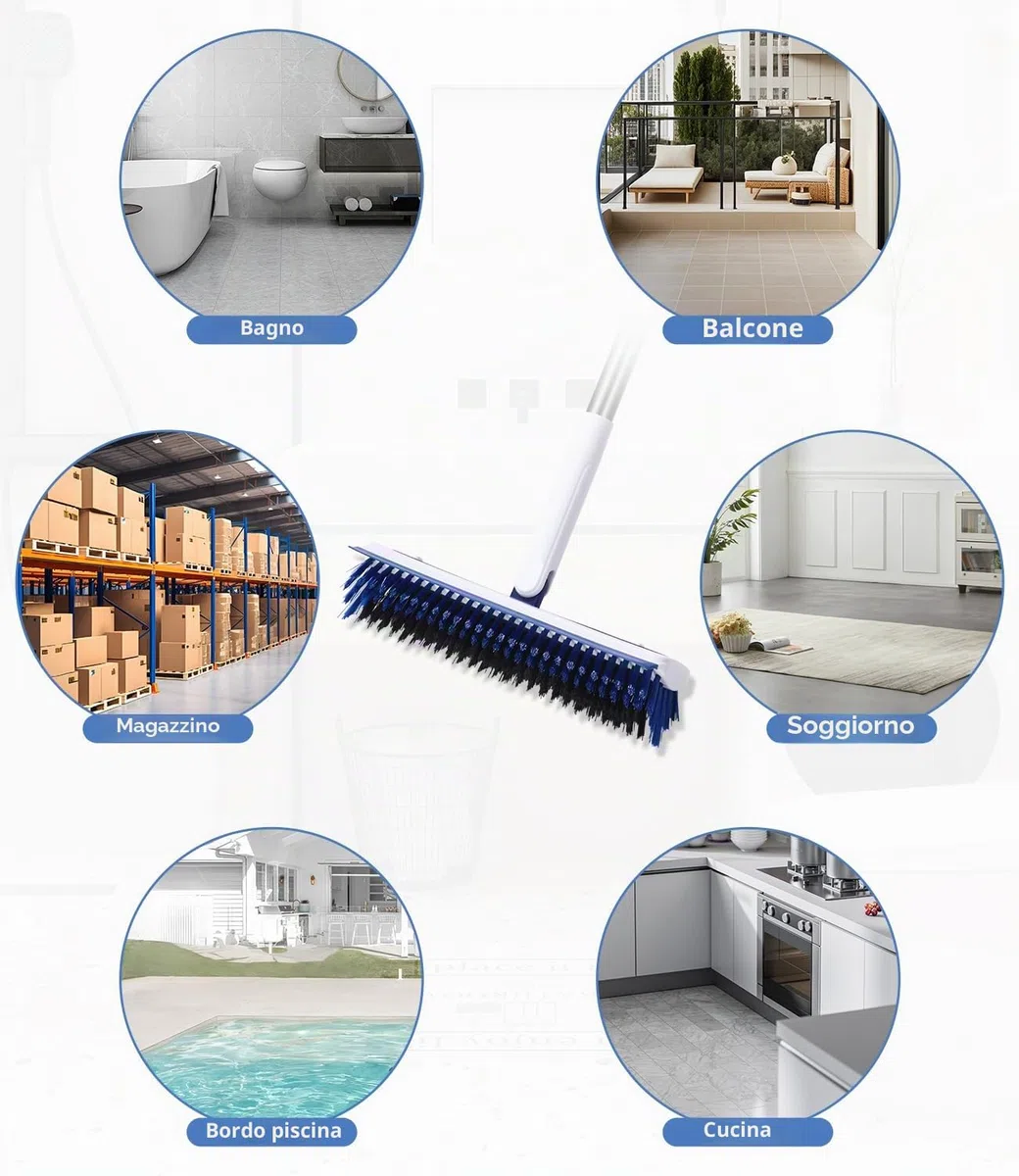 Spazzolone per Pavimenti 2 in 1 con Tira Acqua e Setole Rigide, Manico in 5 Parti Estensibile Fino a 1,8 m, per Bagno, Cucina, Piscina, Garage, Spazzolone Esterni, Spazzola Lavapavimenti