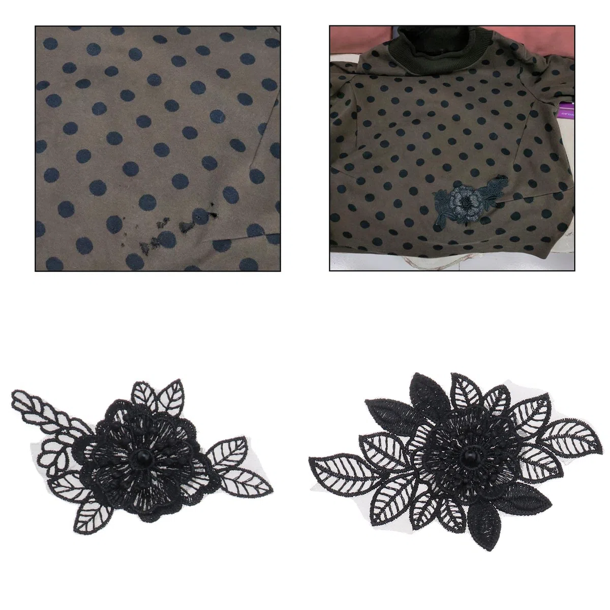 12 toppe floreali nere con perle e perline per ricami decorativi, per accessori fai da te