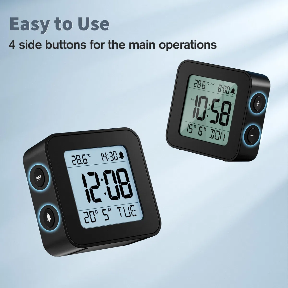 LATEC Sveglia da Comodino, Sveglia Digitale da Viaggio con Temperatura, Alimentato a Batteria, Retroilluminazione, Funzione Snooze, Calendario, 12/24H, Nero(Batterie Incluse)