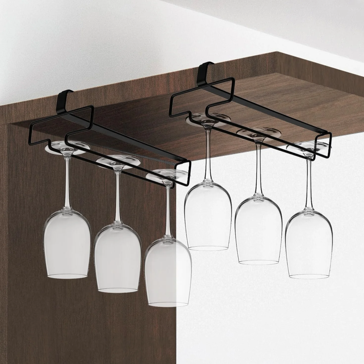 QWORK 2PCS Portabicchieri Sospeso, Porta Calici, Organizzatore per Bicchieri da Vino in Metallo Senza Foratura, Nero