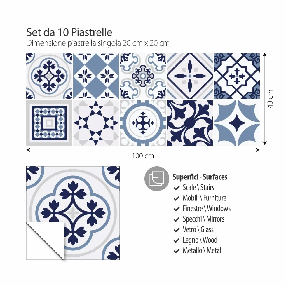 RE-COVERTILES - Adesivi Piastrelle Cucina Bagno Mattonelle adesive in PVC Impermeabili Antigraffio Stickers Decorazione Parete Cementine Peel and Stick - Modello 10 Pz 20x20 cm PS00099 Made in Italy