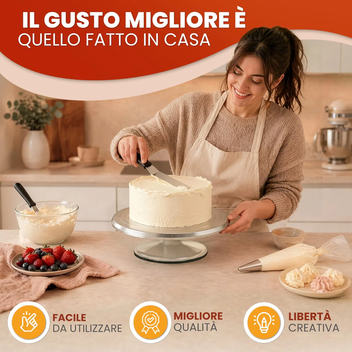 Piatto girevole per torte Set – Giratorta Professionale da 30 cm in alluminio con base antiscivolo incl. 2 palette angolari e 3 spatole da pasticceria in acciaio inossidabile