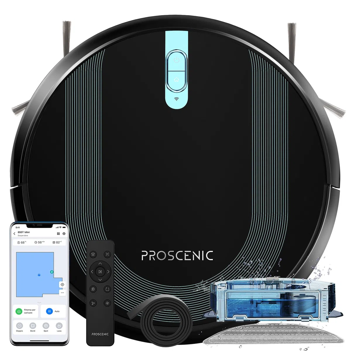 Proscenic 850T Robot Aspirapolvere Lavapavimenti, Aspirazione Potenza 3000Pa Controllo Siri & IFTTT & APP & Alexa, Serbatoio Acqua Elettrico 2-In-1 per Pulizia Domestica/Capelli/Polvere/Lavapavimenti