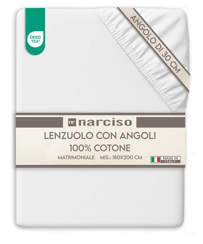 NARCISO Lenzuolo con Angoli Matrimoniale 100% Cotone (180x200 con Angolo di 30cm) Lenzuola Sotto con Angoli Matrimoniale Traspirante ed Anallergico, Biancheria da Letto Made in Italy (2P, Bianco)