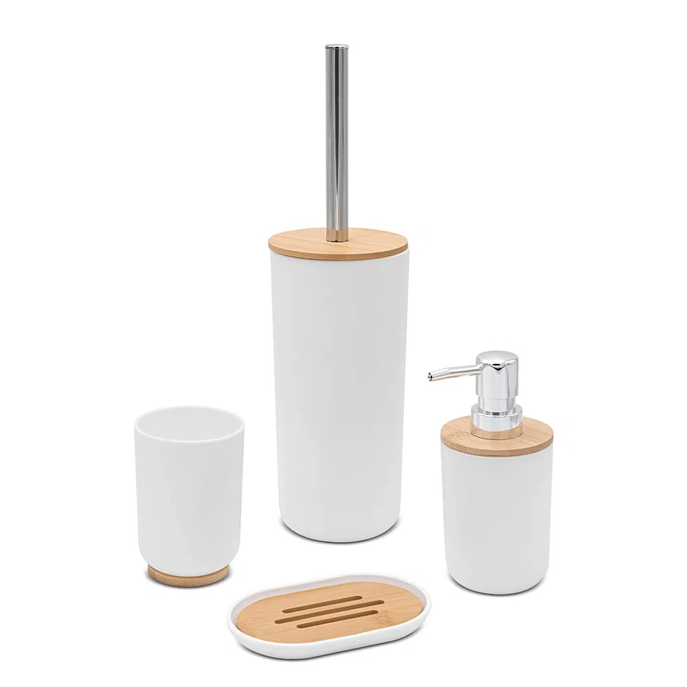 Inbagno Set Accessori Bagno Bianco, 2 Pezzi, Dispenser e portaspazzolini, ABS e Legno bambù, Linea Surf