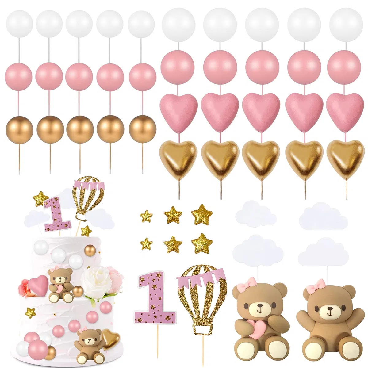 49 Pezzi Topper per Torta Rosa Set, Topper per Torta per il 1anno Compleanno Della Ragazza, Decorazione per Torte con Orsacchiotto per Matrimoni, Baby Shower e Feste di Compleanno