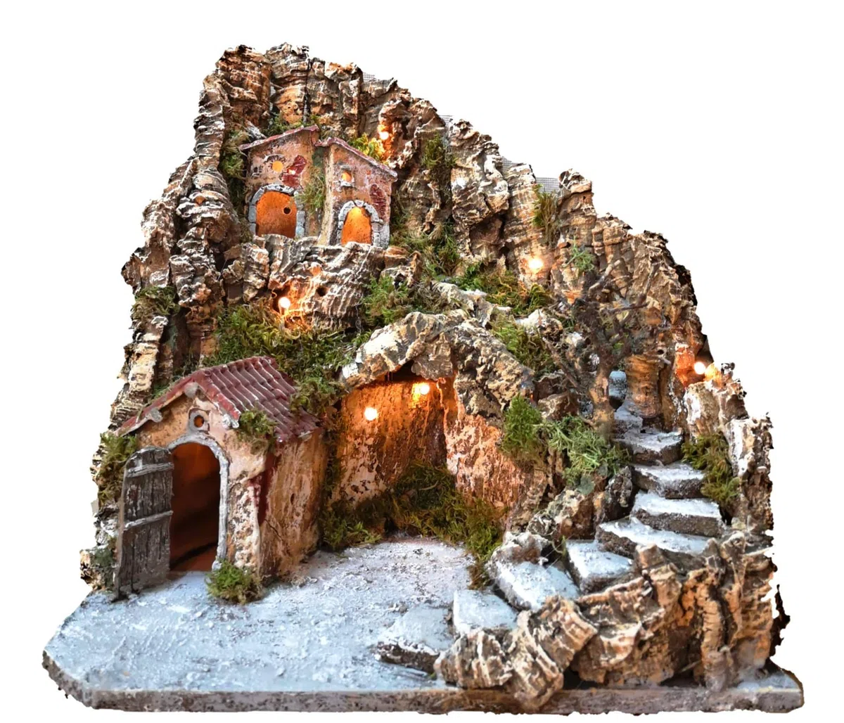 Presepe Completo illuminato natalizio con capanna e grotta per statuine artigianali, 38x38x38 cm