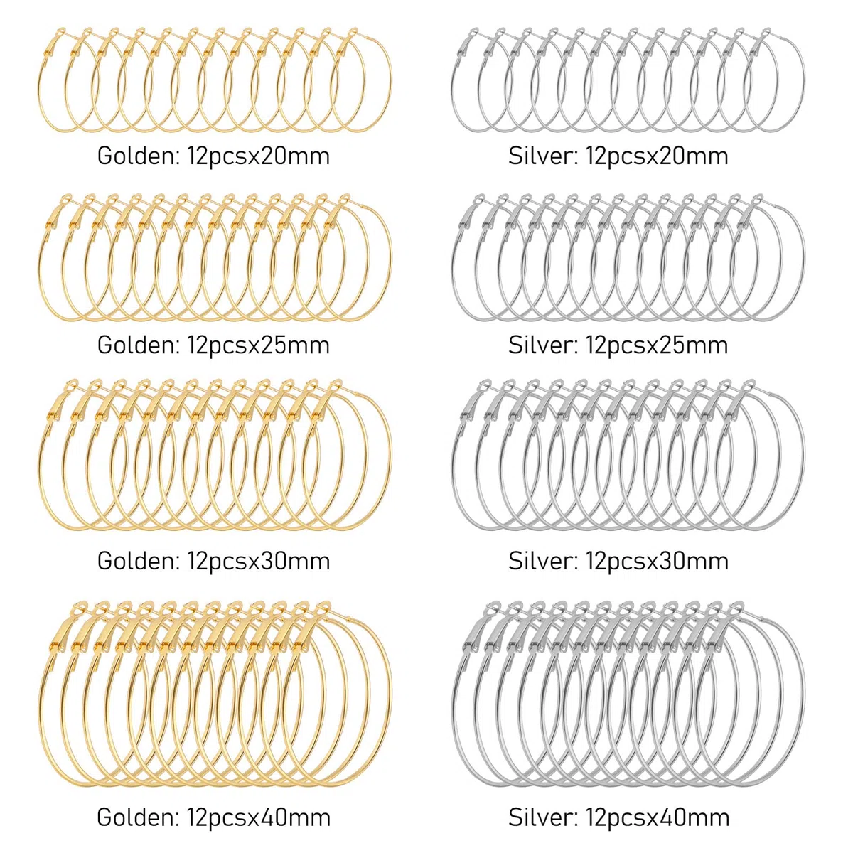 96 Pezzi Cerchi per Orecchini per Creazione di Gioielli Perline Aperte Orecchini Cerchio in Oro Argento Orecchini a Cerchio Rotondi Artigianato Ganci per Orecchini Fai da Te 20mm 25mm 30mm 40mm
