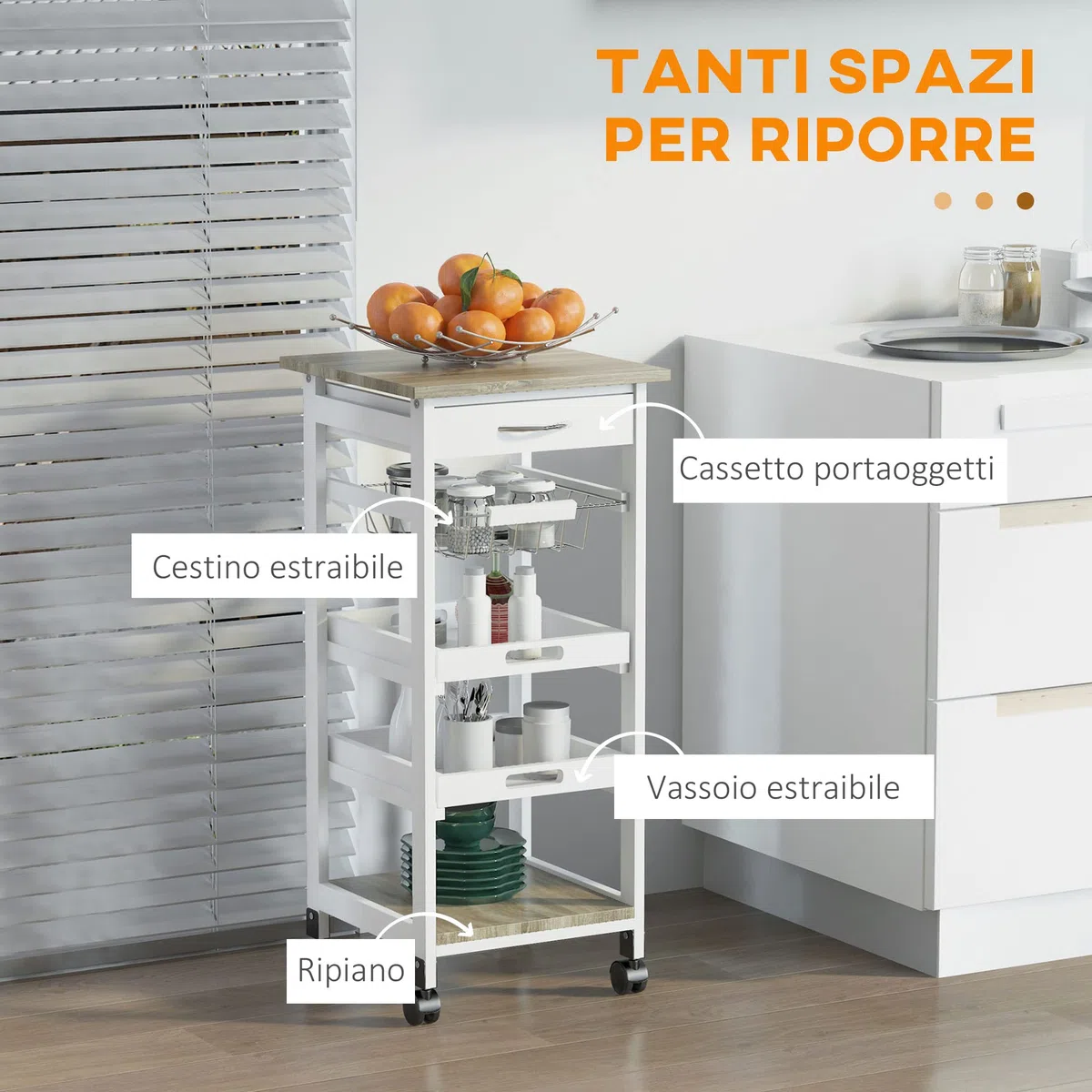 HOMCOM Carrello da Cucina Salvaspazio in Legno di Pino e MDF, Carrello Portaoggetti con Cassetto, Cestello, 2 Vassoi e 4 Ruote Universale, 37x37x82cm, Bianco