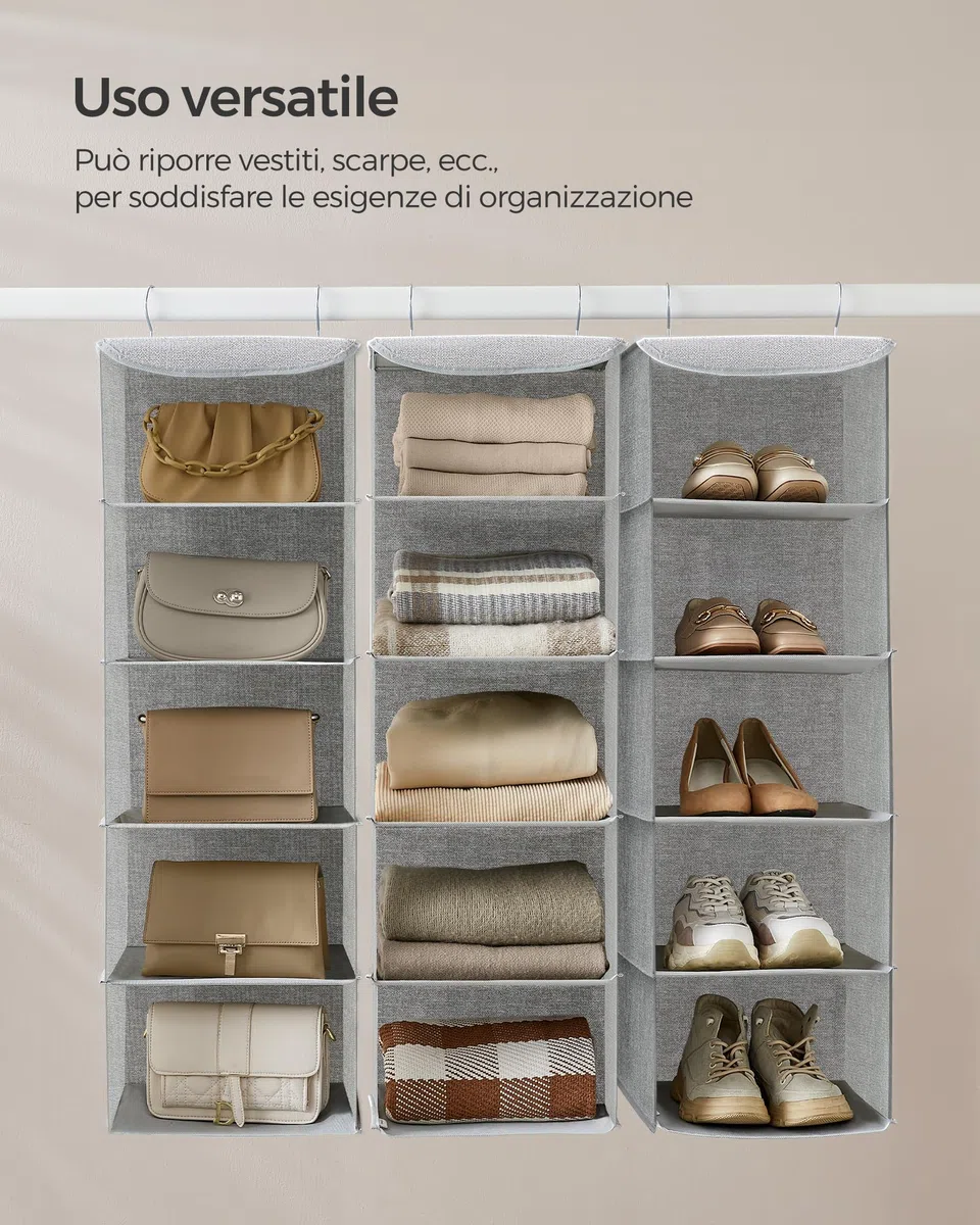 SONGMICS Organizer Armadio da Appendere, Set di 2 Portaoggetti da Appendere, Pieghevole e Salvaspazio, con Ganci in Metallo e Divisori Interni in Bambù, Stampa in Simil Lino, Grigio Chiaro RCH005W02
