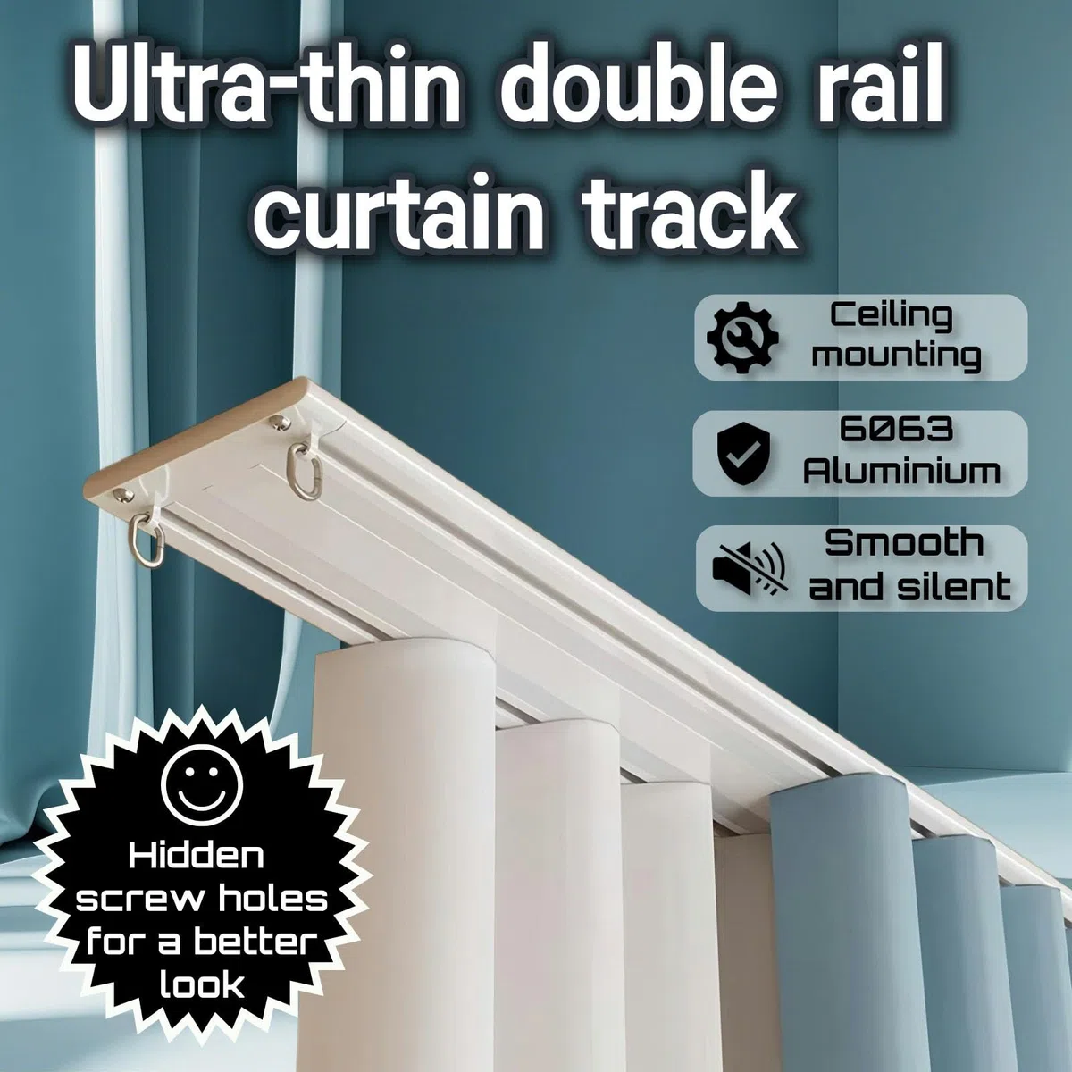 Binario per Tenda A Doppia Fila Silenzioso, Ultra-Sottile Binario Tenda Soffitto Alluminio Scorrevole Bastone Tenda Spessore 6mm con Carrucola E Gancio(Champagne,220cm(86.4in))