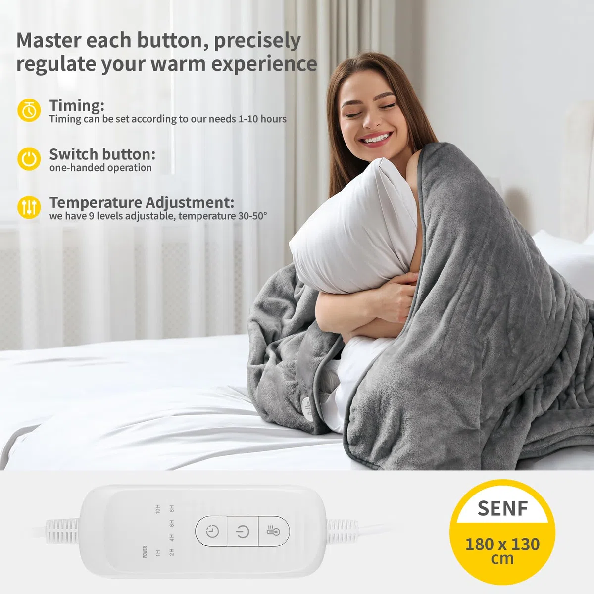 Coperte Elettriche-Coperta Termica Matrimoniale 130 x 180 Cm Coperta Riscaldante Elettrica Matrimoniale Timer 1-10h,Regolazione Della Temperatura A 9 Velocità La Termocoperta Elettrica
