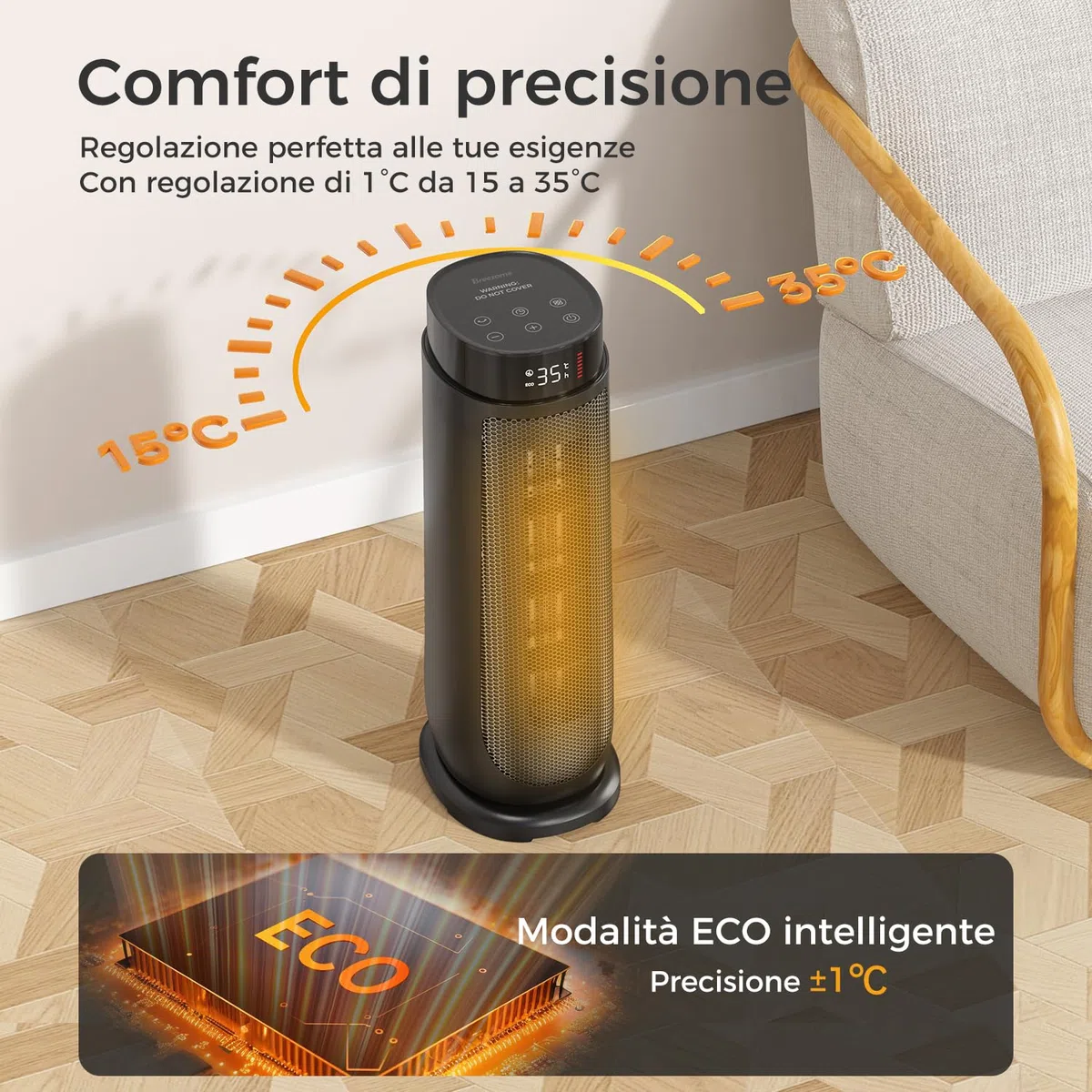 Aroeve Stufetta Elettrica Basso Consumo, Potente 2000W PTC Stufa Elettrica, 4 modalità inclusa ECO, 90° Oscillazione, Timer 24H, Telecomando, Protezione da Surriscaldamento e Ribaltamento, Casa