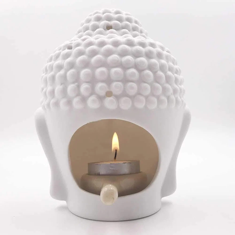 Bruciatore a olio per aromaterapia in ceramica, testa di buddha, diffusore di oli essenziali, bruciatore di incenso indiano tibetano S (bianco)
