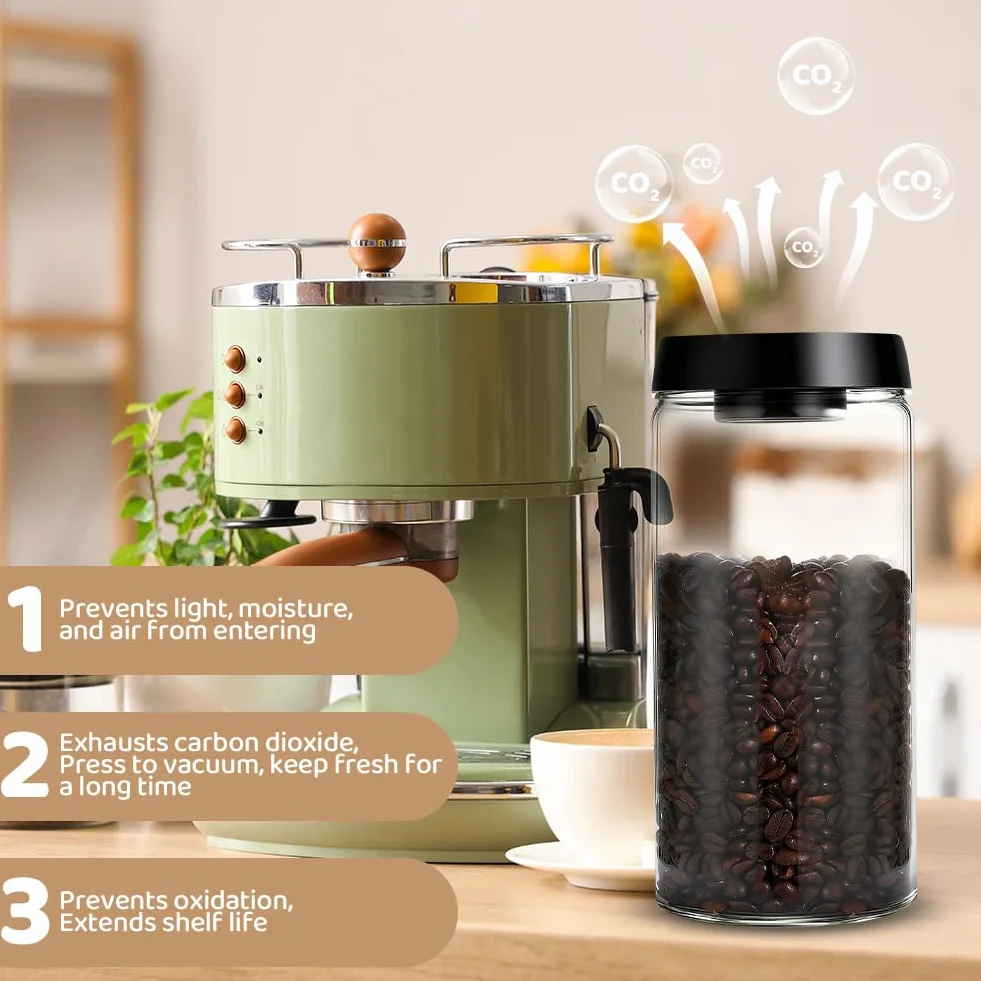 Barattolo per caffè, 1800ml in Vetro con Valvola di Degasazione per Conservare il Caffè Fresco in Chicchi, Tè e Noci