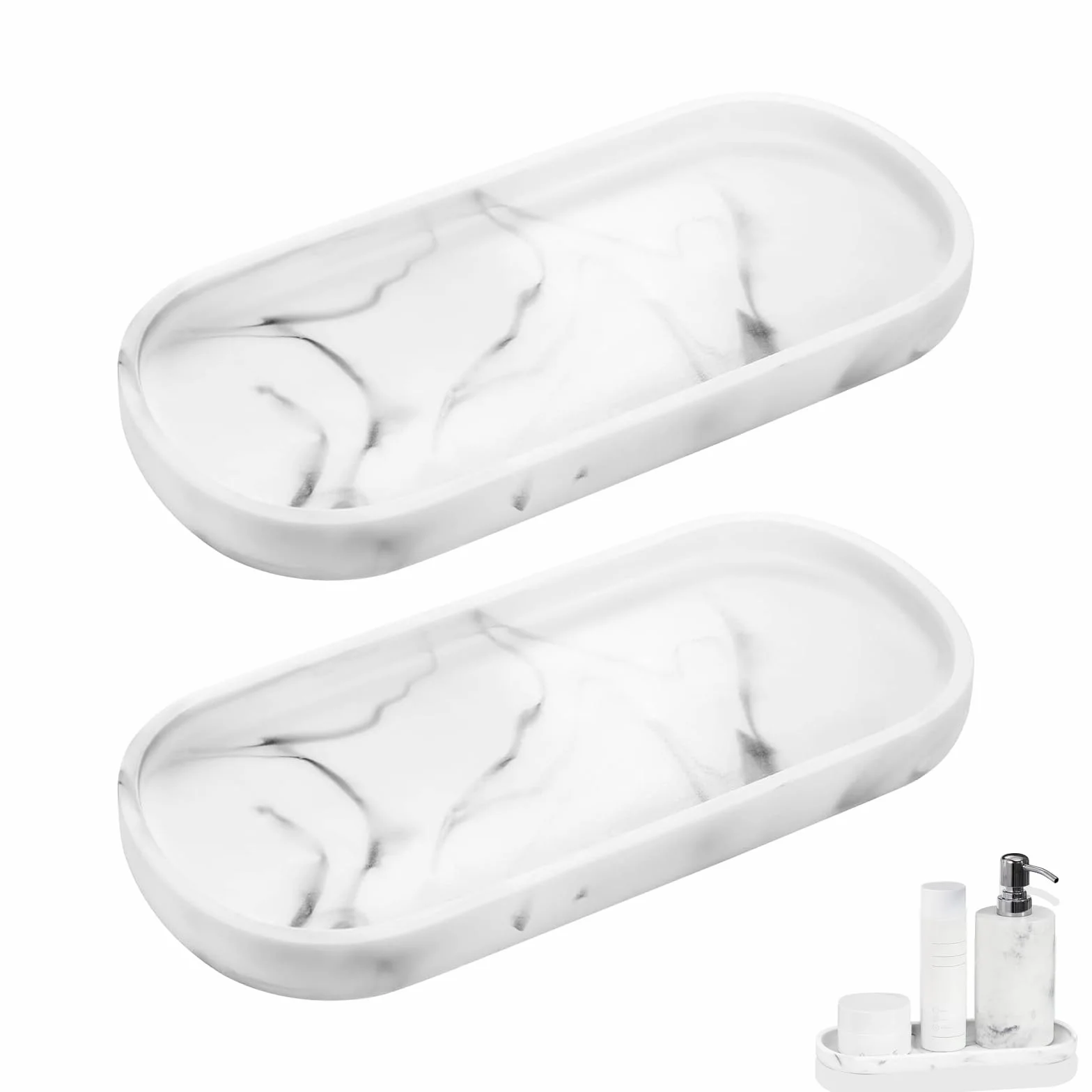 2 Pezzi Vassoio Portaoggetti Bagno, 25 x 11 x 2 cm, Ovale (Inchiostro Bianco)