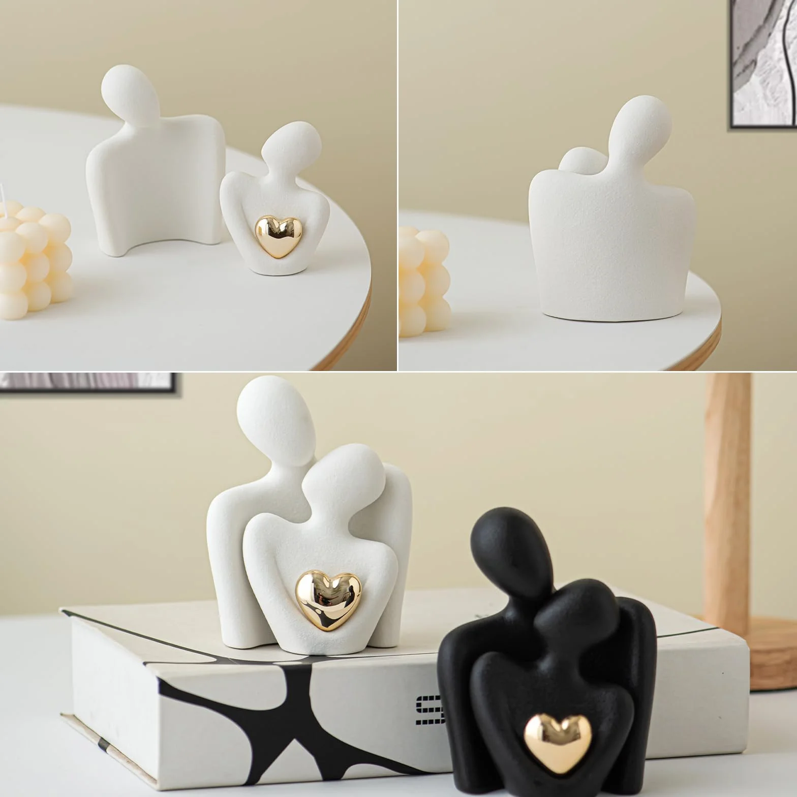 Coppia di Innamorati Statua, Romantica Scultura Moderna Dorato Cuore Design - Statuette Decorative Casa, Soprammobili Moderni, Regalo Sposi, Arredo Moderno - Regalo Anniversario Matrimonio Figure