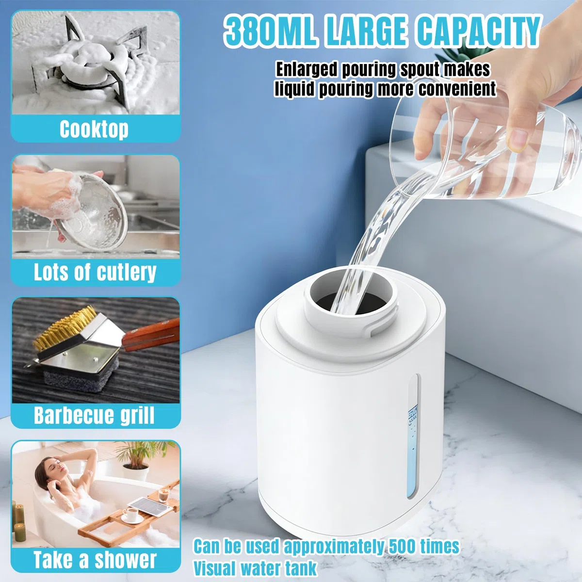 Dispenser Sapone Automatico, 380 ml Dispenser Sapone Bagno con Sensore di Movimento Infrarossi, 4 velocità, da parete, ricaricabile tramite USB, IPX5 per Bagni, Cucine, Scuole
