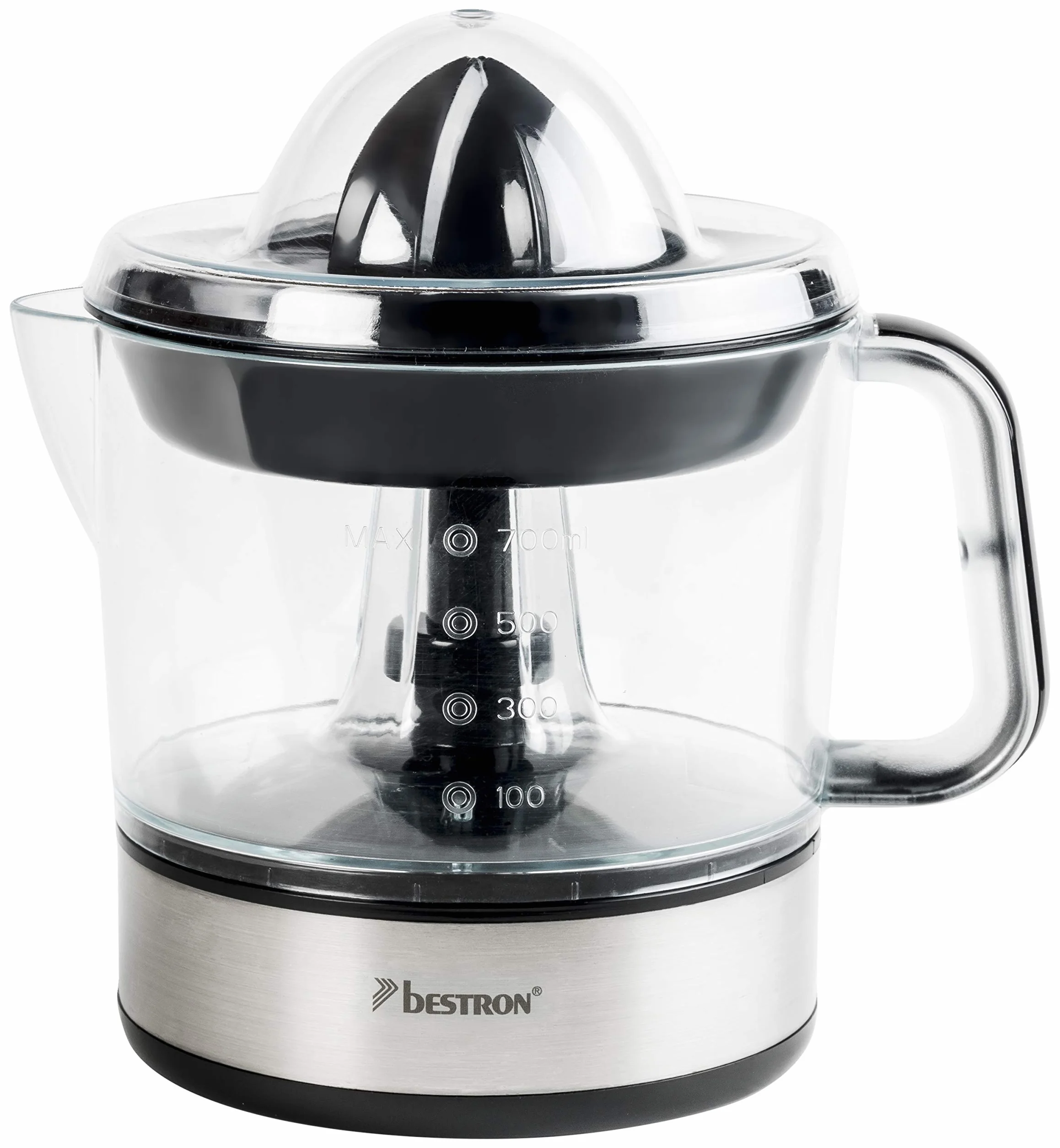 Bestron Spremiagrumi elettrico, Spremi agrumi elettronico con 2 coni di spremitura e coperchio per aromi, motore con due sensi di rotazione (sinistra/destra), capacità: 0,7 litri, 40 watt, argento