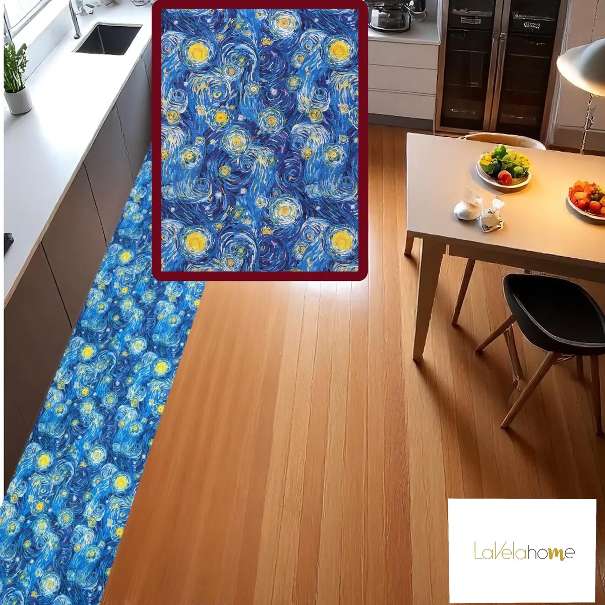 LaVelahome Tappeto Cucina Artistico Lavabile Antiscivolo – Passatoia Design Moderno Ispirato all’Arte – Misto Cotone Poliestere Sottile, Fondo PVC (cm_50_x_300, Notte Stellata)