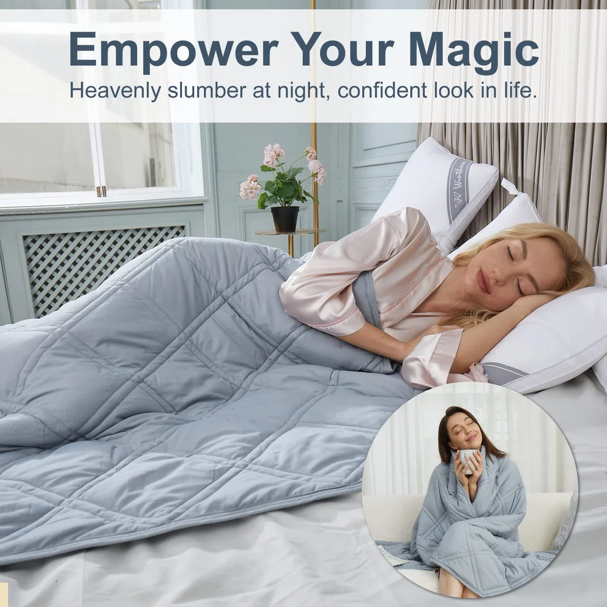 Winthome Coperta Ponderata con Copripiumino 150x205cm 10.4kg, Weighted Blanket Anxiety, Coperta Antistress per Sonno Profondo e Migliore Recupero, Heavy Blanket Accogliente Adulto (Grigio)