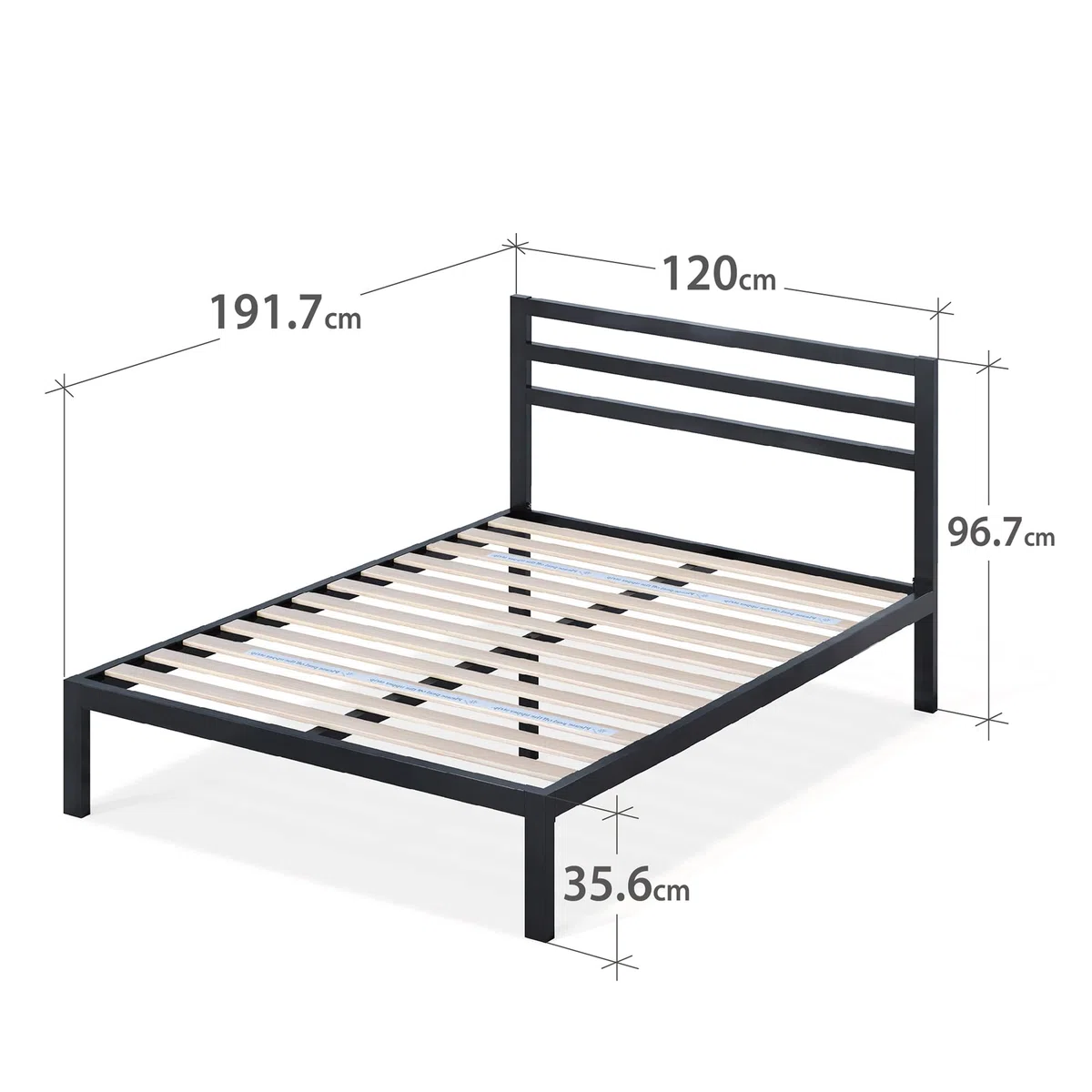 Zinus Mia Struttura Letto 120x190 cm con Testiera in Metallo - Altezza 36 cm - Letto Una Piazza e Mezza con Doghe in Legno e Spazio Sottostante - Facile da Montare - Nero