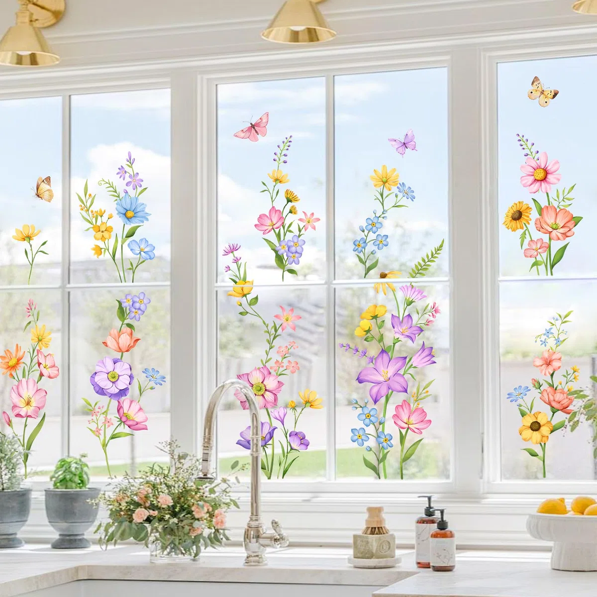 Tanlaby Fiori Colorati Adesivi per Finestre Estate Primavera Piante Vetrofanie Adesivi Fiore Erba Farfalla Decalcomanie per Finestre Anti-Collisione Finestra Vetro Porte Decalcomanie
