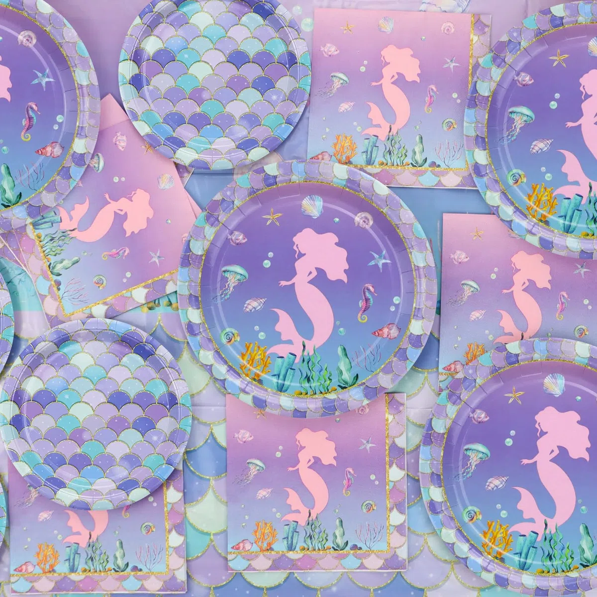 Set da 61 Pezzi per Decorazioni a Tema Sirena - Tovaglia, Piatti e Tovaglioli per Festa di Compleanno - per 20 Persone