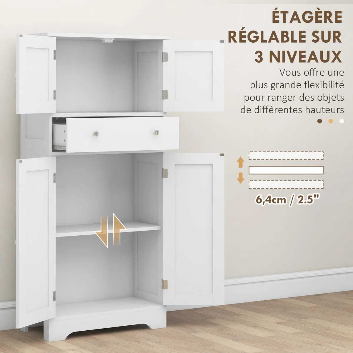 HOMCOM Armadio da cucina a buffet in stile moderno con armadietti, ripiani regolabili, cassetto, per sala da pranzo, soggiorno, 60 x 30 x 128 cm, bianco