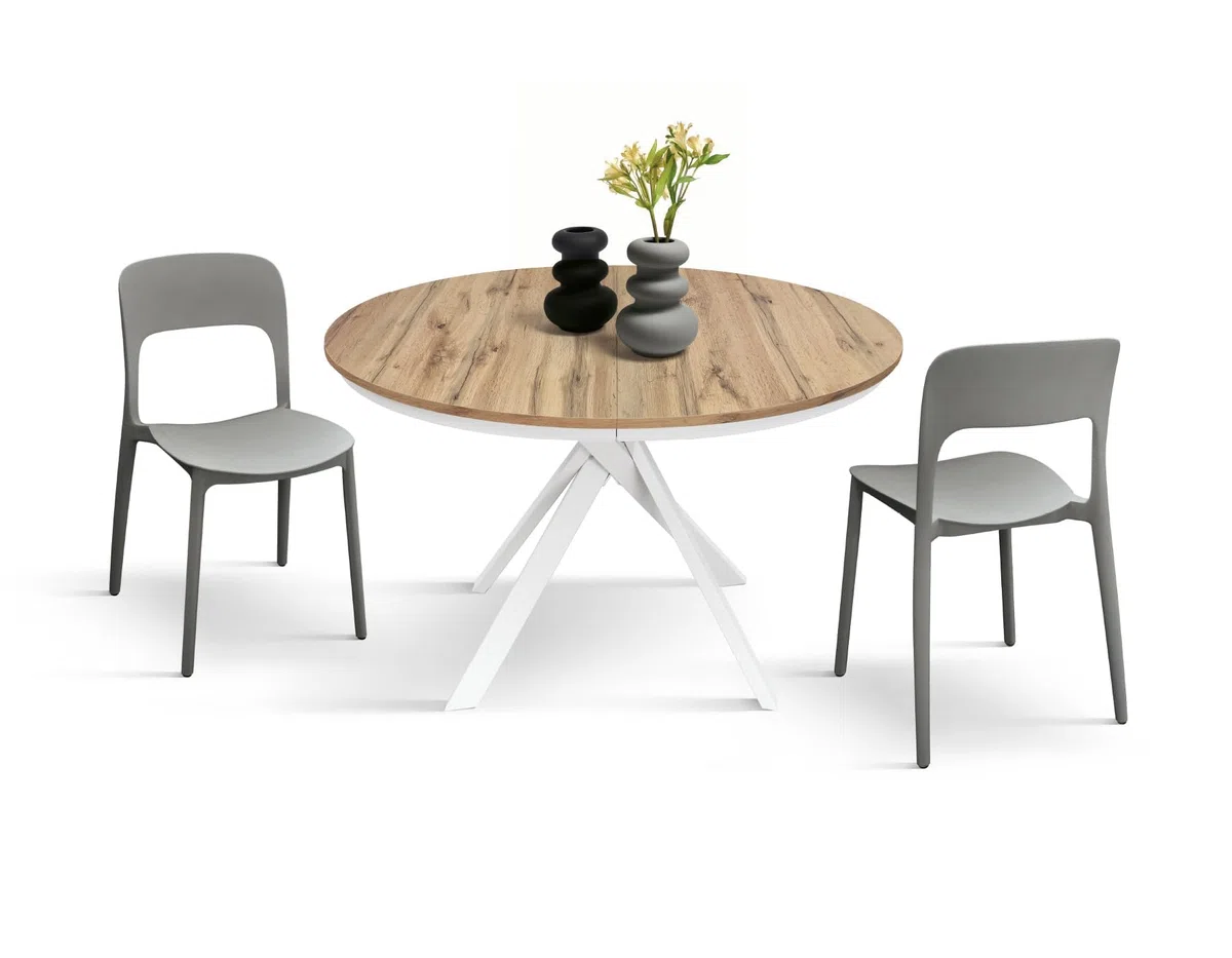 PAZZO DESIGN Tavolo Rotondo Allungabile Gabri, Tavolo Soggiorno, Cucina, Gambe Incrociate Shangay Bianche, Made in Italy, Rovere Rustico, da 120 a 170 cm - id_2177