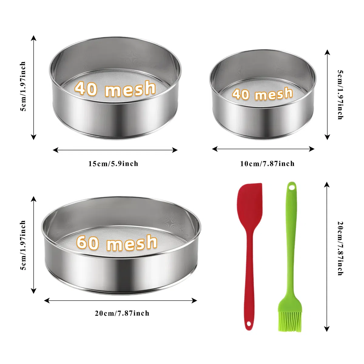 3 setacci a maglia fine con spazzola, setaccio rotondo in acciaio inox per cottura, setaccio per farina da 20,3 cm, 60 maglie, 15,2 cm 40 mesh e 10,2 cm 40Mesh