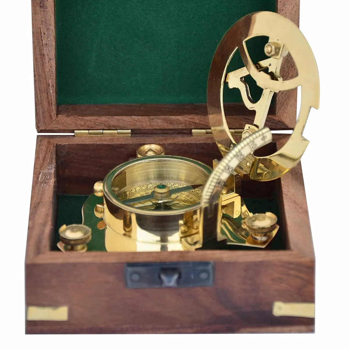 Bussola decorativa per la casa con meridiana nautica – bussola meridiana in ottone massiccio da 7,6 cm con scatola di legno bussola triangolare in ottone con gambe a vite regolabili strumento di