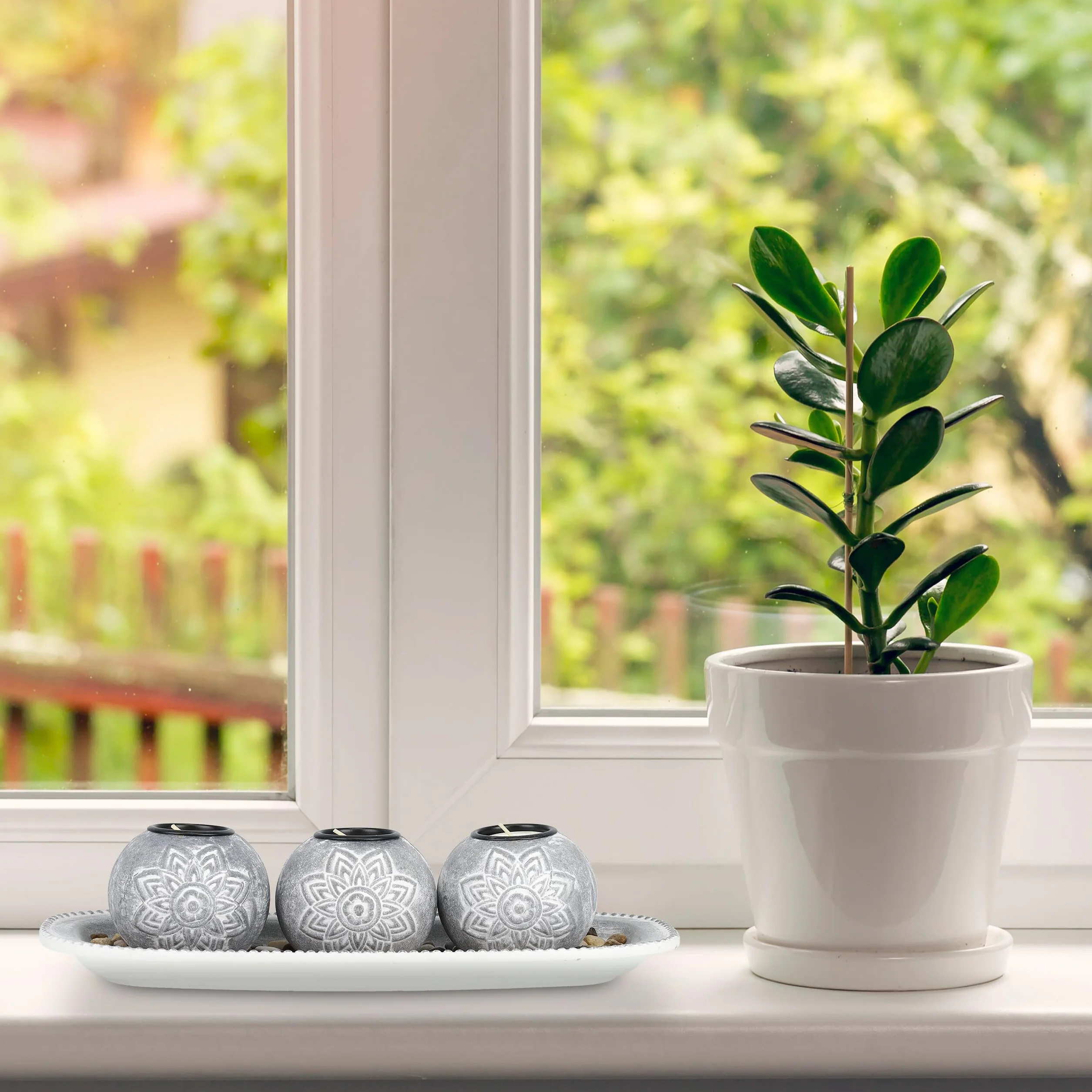 Relaxdays Portacandele Decorativo con Vassoio e Pietre, Lungo 35 cm, Decorazione per Tavolino e Soggiorno, Grigio Bianco