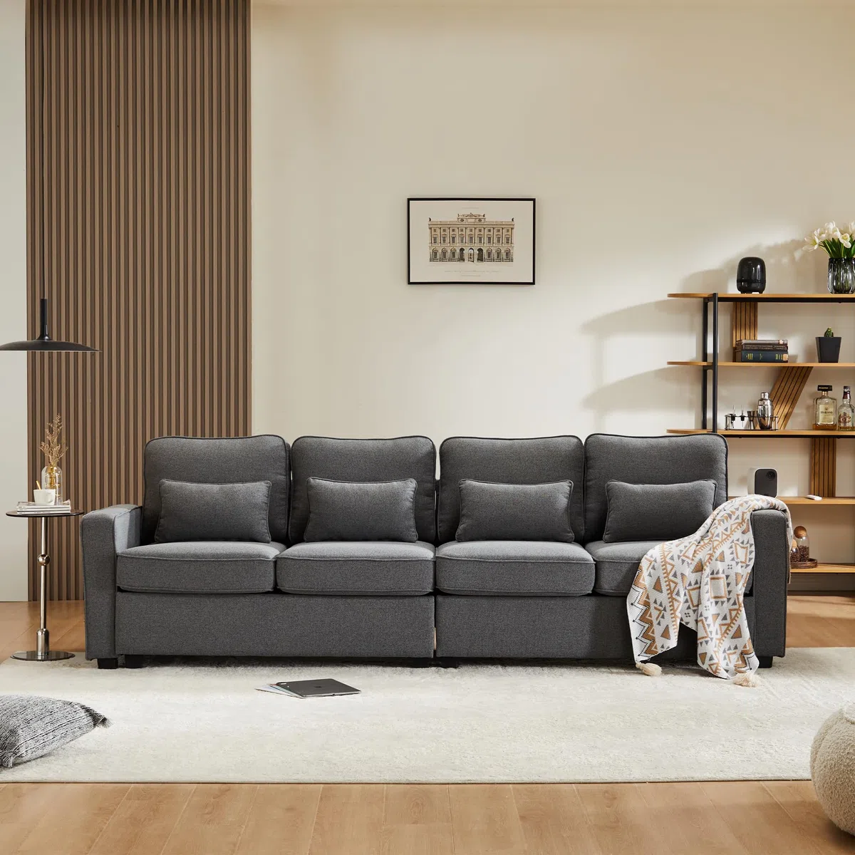 Divano moderno a 4 posti in tessuto di lino, divano a quattro posti con tasche per braccioli e 4 cuscini, divano dallo stile semplice, adatto a soggiorno, casa, ufficio (Grigio scuro)