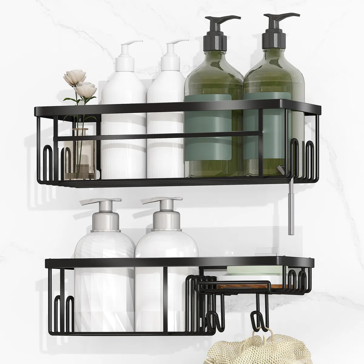 Alyvisun 2 Pezzi Mensola Doccia senza Foratura con Adesivo Forte, Portasapone per Doccia Angolare Acciaio Inox con Ganci, Mensole Bagno Organizzatore per Shampoo Bagnoschiuma, 2, Pezzi