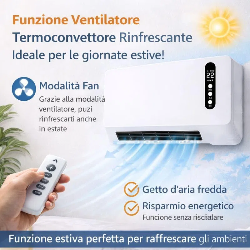 Termoconvettore Ceramico Elettrico da Parete con Funzione Ventilatore Estiva Telecomando e Timer Display LCD 2 Livelli di Potenza 1000W / 2000W – LEMAG SRL