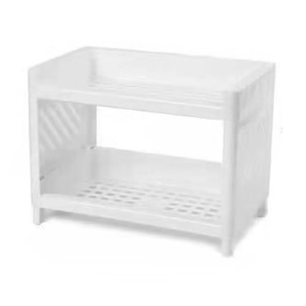 Scaffale portaoggetti a doppio strato in plastica bianca, ideale per bagno, ufficio e dormitorio – pratico, resistente e facile da montare.