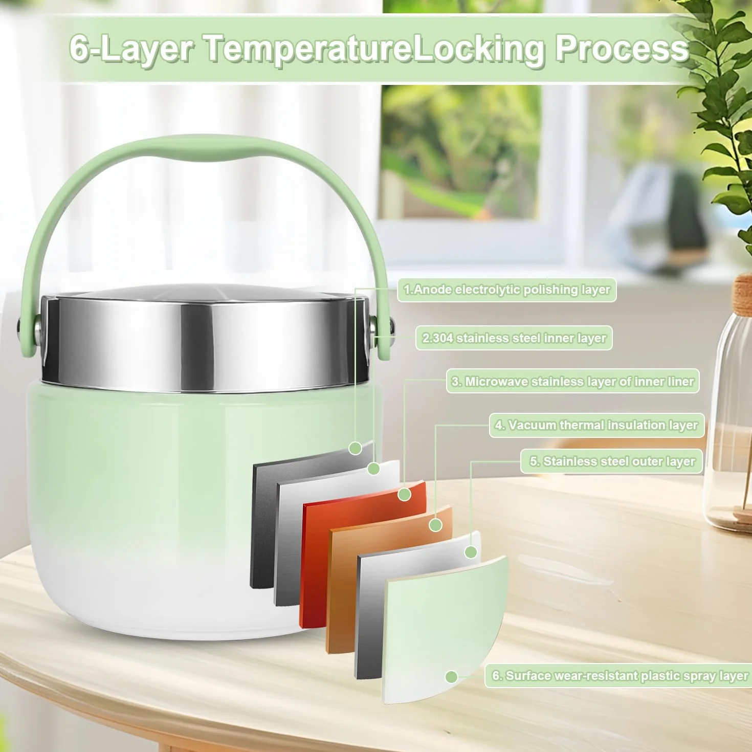 Contenitore Termico per Alimenti 1200 ml,Thermos per Alimenti Porta Pappa,ciotola termica con coperchio con cucchiaio pieghevole,Adatto per la conservazione di farina,zuppa,pranzo,formaggio (Verde)